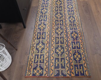 2x8 Vintage turkisk lapptäcke löparmatta, Oushak handgjord ull Ikat löpare, Art Deco-mattor, Bondgårdsinredning, Unik, Boho, Etnisk