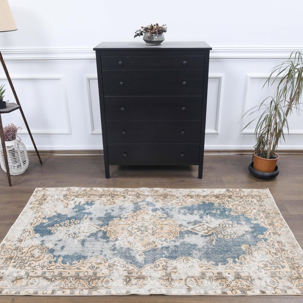 4x6 Vintage Turkish Oushak Handmade Wool Rug, Small Area Rugs, Farmhouse Decor, One-of-a-Kind, Anatolian Carpet, Boho Decor, Low Pile