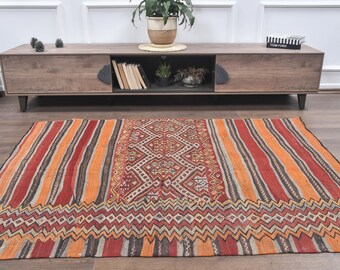 5x6 Vintage Turkish KILIM Area Rug, Oushak Handmade Wool Orange Red Flatweave Rugs, Farmhouse Decor One-of-a-Kind Bohemian, Made in Anatolia