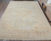9x13 ANTIQUE PERSIAN Vintage Carpet, Oushak Handmade Wool Rug, Heriz Oriental Tan Large Area Rugs, Farmhouse Decor, One-of-a-Kind, Oversize