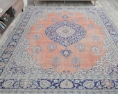 8x10 HERIZ PERSIAN Vintage Carpet, Oushak Handmade Wool Rug, Orange Blue Medallion Area Rugs, Farmhouse Decor, One-of-a-Kind, Boho Decor