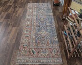 3x8 PERSIAN BLUE Vintage Runner, Heriz Handmade Wool Kitchen Hallway Rug, Rustic Farmhouse Decor, One-of-a-Kind, Western Persian Region