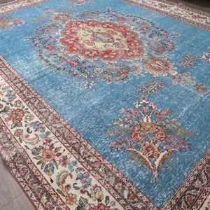 9x12 OUSHAK Vintage Turkish Area Rug, Handmade Wool Rug, Anatolia Farmhouse Decor, One-of-a-Kind, Blue Rug, Large Rug, Oversized Carpet
