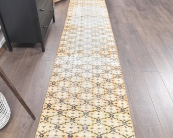 2x11 Vintage Turkish Runner, Oushak Handmade Wool Rug, Ikat Orange Hallway Rugs, Farmhouse Decor One-of-a-Kind, Boho Decor, Carpet