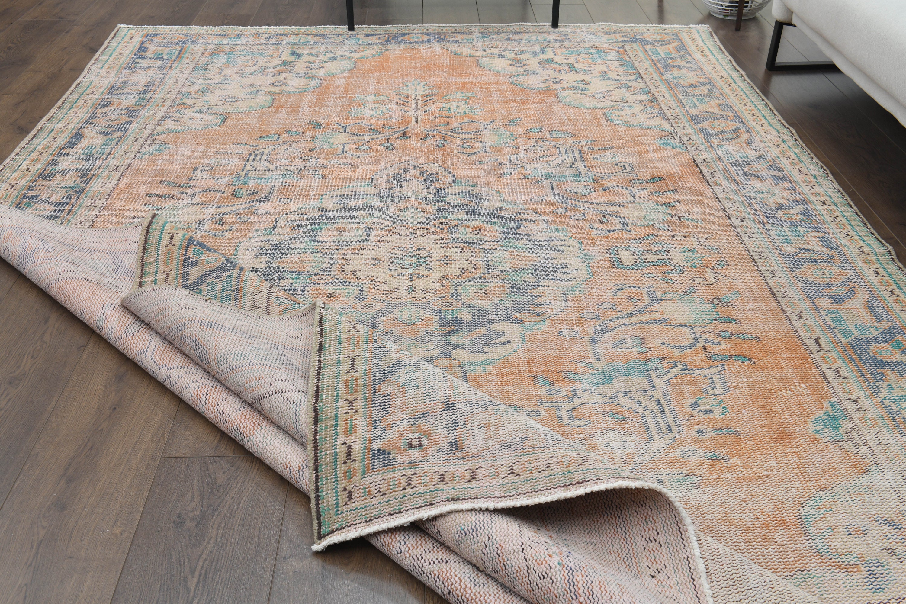 6'3x9'9フィート、オレンジフェード装飾、ペルシャ風装飾、トルコ