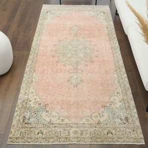 4x9 Vintage Oushak Turkish Handmade Wool Rug, Farmhouse Decor, Oriental Carpet, LOW PILE Rug, One-of-a-Kind, Made in Anatolia, Pink Carpet