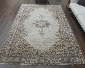 7x10 Vintage Turkish Rug, Floral Beige Rug, Oushak Rug, Handmade Wool Rug, Area Rugs, Farmhouse Decor, Bohemian Rug, Home Decor, Carpet