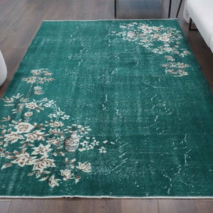 5x9 Turkish Vintage Area Rug, Oushak Handmade Wool Rug, Boho Decor Rug, Farmhouse Decor, One-of-a-Kind, Anatolian, Green Floral Rug