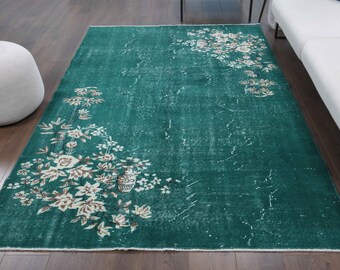 5x9 Turkish Vintage Area Rug, Oushak Handmade Wool Rug, Boho Decor Rug, Farmhouse Decor, One-of-a-Kind, Anatolian, Green Floral Rug