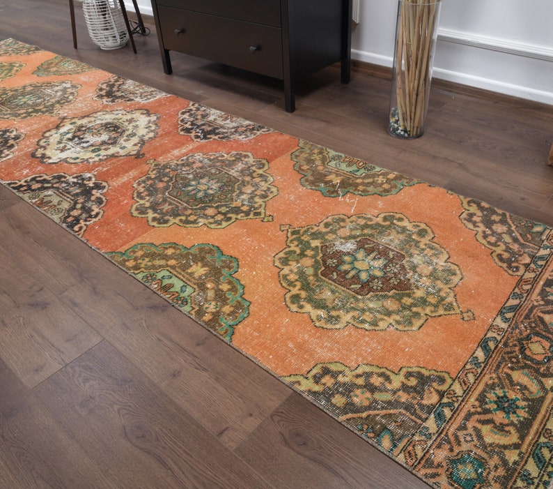 Oriental Orange Hallway Rugs 3x12 Turkish Vintage Runner Farmhouse Decor Oushak Handmade Wool Runner Rug One-of-a-Kind Anatolian