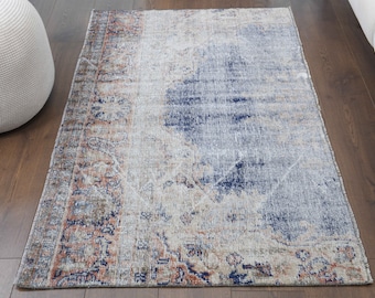 Tappeto turco antico 3x5 / tappeto Oushak, tappeto decorativo, tappeto blu, lana fatta a mano, tappeti a pelo corto, tappeti da pavimento, pezzo unico, tappeto anticato