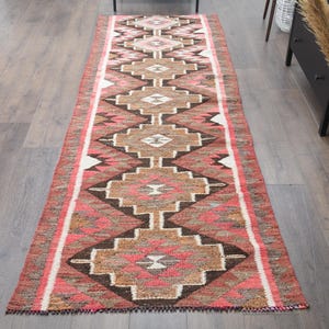 3x9 Vintage Turkish KILIM Runner Rug, Oushak Handmade Wool Flatweave, Art Deco Rugs, Farmhouse Decor, One-of-a-Kind, Bohemian, Ethnic, Pink