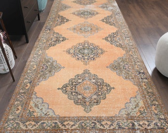 5x13 Vintage Turkish Oushak Runner, Handmade Wool Carpet, Kitchen Hallway Rug, Farmhouse Decor, One-of-a-Kind, Anatolian Orange Carpet