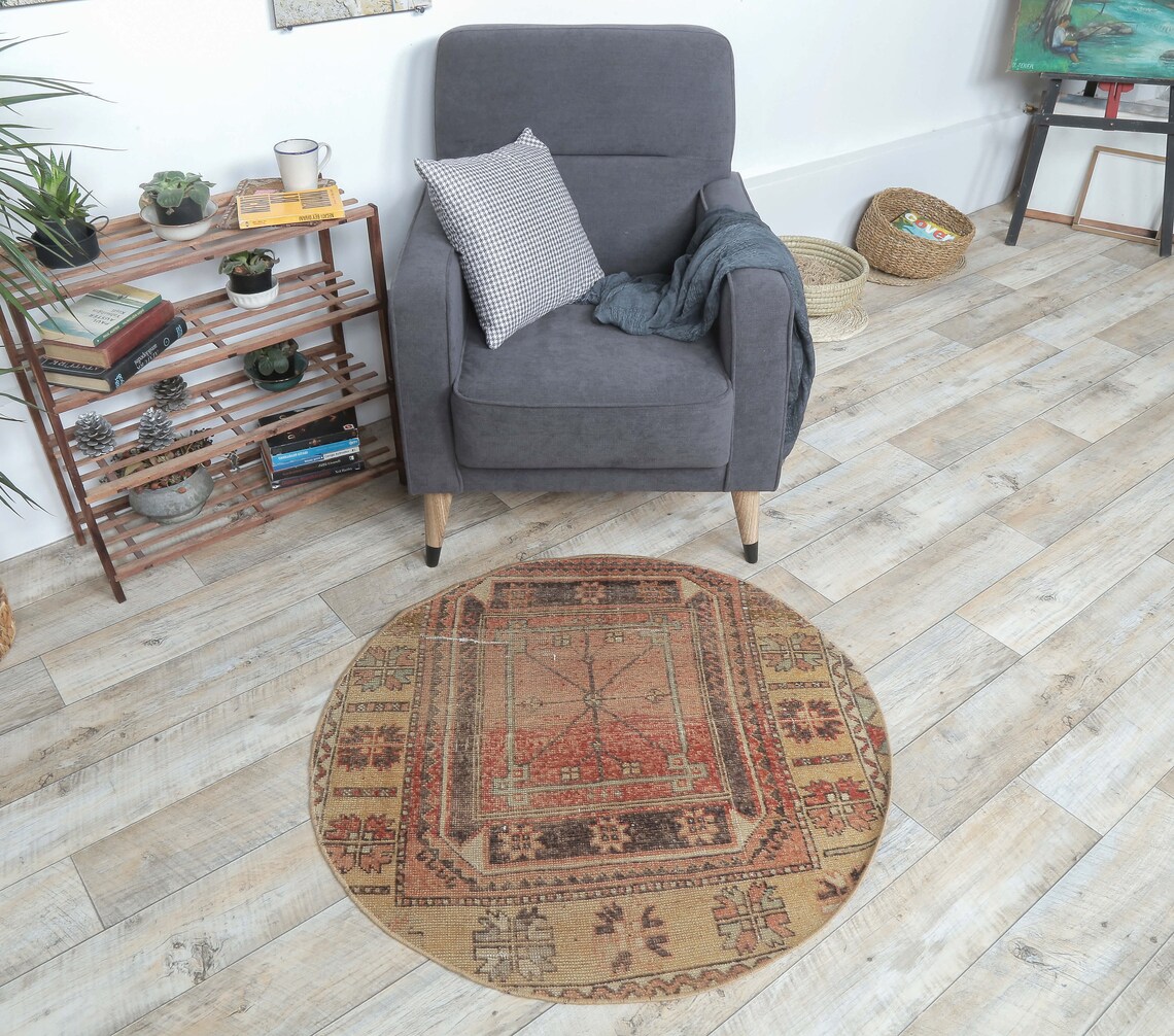3x3 Turkish Vintage Oushak Round Rug Door Mat Small Carpet Etsy