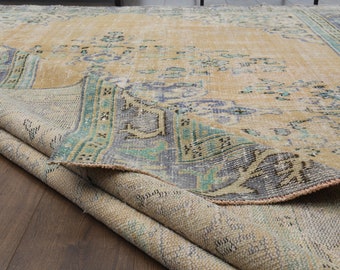 8'2x10'8 ft, ORANGE VINTAGE RUG, Oushak Handmade Wool Rug, Oriental Orange Area Rug, Unique Motif Rug, Turkish Rug, Washable Rug, Home Decor