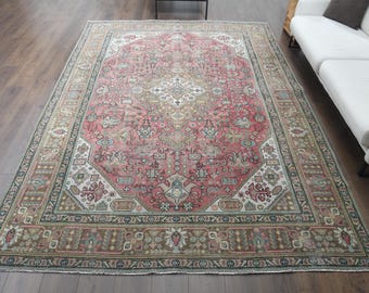 Tappeto turco vintage 8x11, tappeto orientale, tappeto Oushak, tappeto di lana fatto a mano, arredamento rustico, grande tappeto rosa, tappeto rustico, arredamento boho