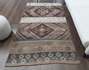 4x8 Vintage IKAT RUG, Turkish KILIM Area Rug, Oushak Rug, Handmade Wool Flatweave Rugs, Farmhouse Decor, One-of-a-Kind, Bohemian, Carpet
