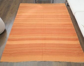 200x250 Orange Türkischer Kelim Teppich, Kelim Teppich, Handgemachter Wollteppich, Flachgewebe Teppich, 160x220, Kelim Teppich im Vintage Stil