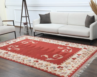 6x9 Vintage Turkish Rug, Area Rug, Oushak Handmade Wool Rug, Red Rugs, Farmhouse Decor, One-of-a-Kind, Anatolian Ethnic Carpet, Soft Rug