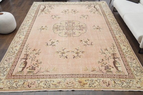9x12 Vintage Turkish Rug, Oushak Rug, Powder Colored Pink