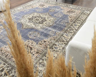 8x11 ft, Blue Beige VINTAGE RUG, Oushak Handmade Wool Rug, Oriental Area Rug, Unique Motif Rug, Turkish Rug, Bohemian Rug, Home Decor