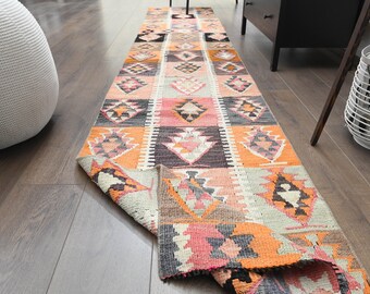 2'2x12 ft, One of a Kind, COLORFUL RUNNER RUG, Stair Runner, Vintage Turkish Oushak Runner, Distressed Hand-Knotted Rug, Kitchen Hallway Rug