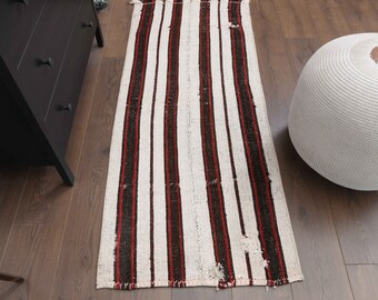 2x5 Turkish Vintage Kilim Runner, Oushak Handmade Wool Rug, Runner Rugs, Farmhouse Decor Carpet, One-of-a-Kind, Doormat, White Hallway Rugs