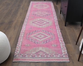 3x11 Hand-Knotted Wool Rug Runner, Turkish Vintage Rug, Hallway Runner, Farmhouse Decor, One-of-a-Kind, Herki Rugs, Shabby Chic, Pink Carpet