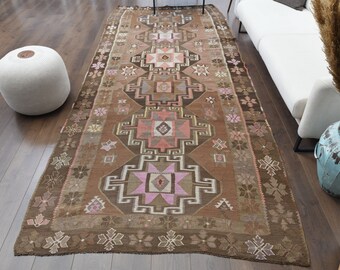 Alfombra Kilim turca vintage de 5x12, Oushak, de lana hecha a mano, de tejido plano, decoración rústica, única, estilo bohemio, marrón.