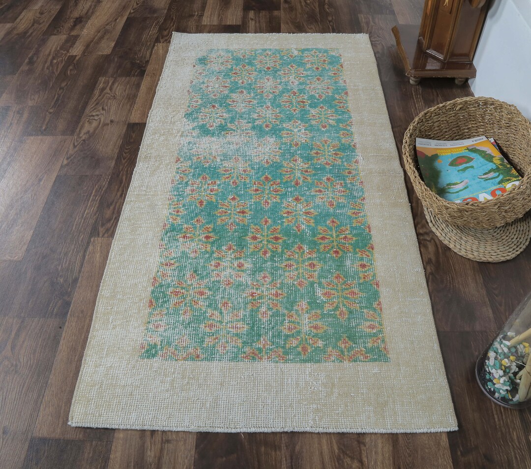 2'6x5 Ft, TURKISH ANTIQUE RUG, Oushak Handmade Wool Carpet, Faded Green ...