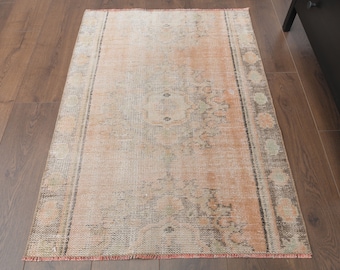 3x4 Vintage Turkish Oushak Handmade Wool Rug, Oriental Orange, Small Rugs, Rustic Farmhouse Decor Carpet One-of-a-Kind, Made in Anatolia