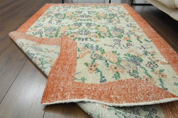 3'8x6'7 ft, FLORAL VINTAGE RUG, Oushak Handmade Wool Rug, Small Area Rug, Beige Orange Green Rug, 4x7 Area Rug, Washable Rug, Turkish Rug