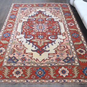 200x300 Vintage türkischer Teppich, Geometrisches Rot und Elfenbein Medaillon, Großer Handgeknüpfter Teppich, Traditioneller Wollteppich Wohnzimmer, 200x300 cm