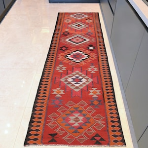 3x11 Vintage Turkish Runner, Oushak Runner, Handmade Wool Rug, Hallway Runner, One-of-a-Kind, Farmhouse Decor, Bohemian Ikat Runner, Carpet