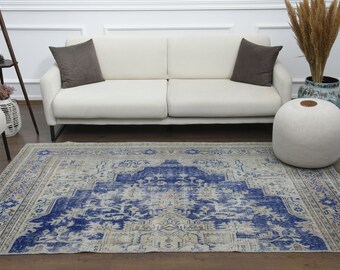 Tappeto turco vintage 5x8, tappeto Oushak, tappeto di lana fatto a mano, tappeto orientale blu, arredamento rustico, pezzo unico, tappeto floreale anticato