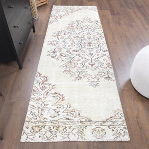 3x9 Vintage Turkish Oushak Runner, Handmade Wool Carpet, Beige Floral Patterned Hallway Rug, Farmhouse Decor, One-of-a-Kind,Kitchen Rug
