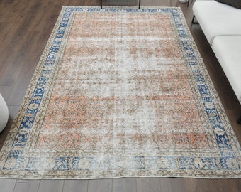 7x10 Turkish Vintage Rug, Oushak Rug, Handmade Wool Rug, Floral, Orange, Farmhouse Decor, Folk Art, Area Rug, Bohemian Rug, Distressed Rug