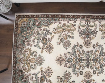 4x7 Vintage Turkish Oushak Rug, Handmade Wool Rug, FLORAL Beige Rugs, Farmhouse Decor Carpet One-of-a-Kind, Made in Anatolia