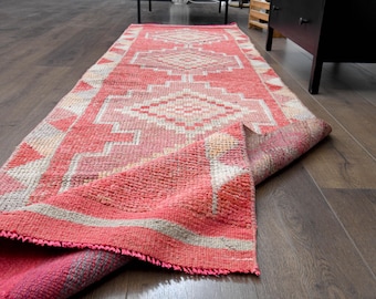 Alfombra de pasillo vintage anudada a mano de 3x10, alfombra turca Oushak, alfombra de lana hecha a mano, alfombra de pasillo, alfombra geométrica rosa, alfombra de cocina, alfombra de pasillo, estrella