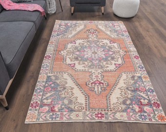 4x7 Turkish Vintage Oushak Rug, Small Area Carpet, Handmade Wool Oriental Rugs, One-of-a-Kind, Made in Turkey, Farmhouse Decor, Ethnic