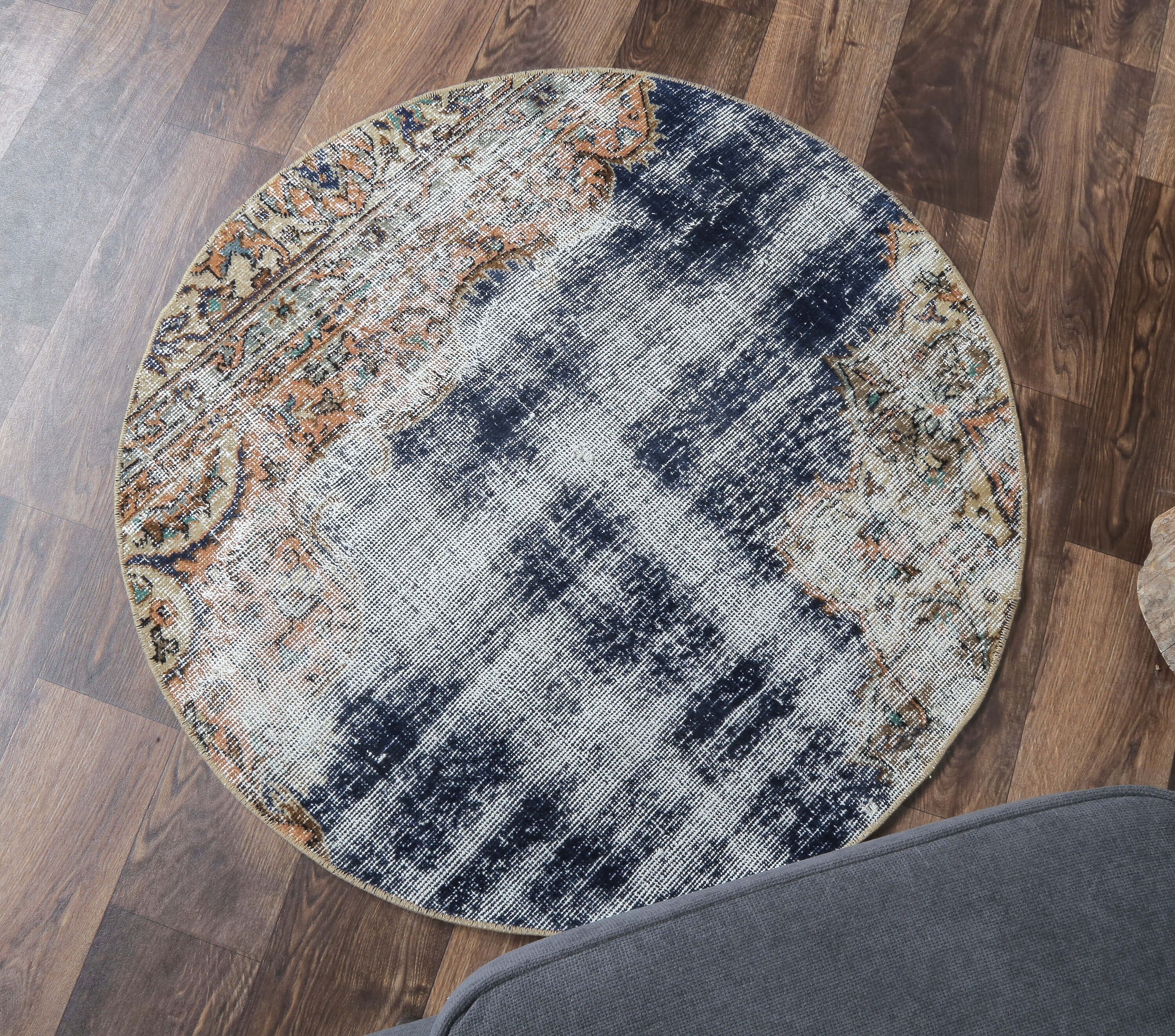 3x3 Turkish Vintage Oushak Round Rug, Door Mat Small Carpet, Handmade ...