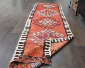 3.2x10.9 ft, FLATWEAVE TURKISH RUNNER Rug, Oushak Runner, Vintage Rug, Hallway Runner, Stair Runner, Washable, Home Decor, Shabby Chic Rug