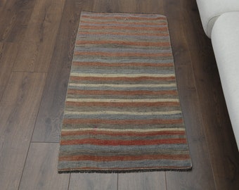2x4 Vintage Mat, Oushak Rug, Turkish Kilim, Handmade Wool Rug, Striped Rug, Door Mat, Bath Mat, Farmhouse Decor, Brown Gray Beige, Carpet