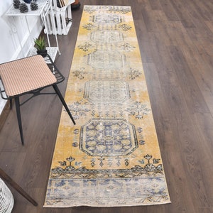 3x11 Oushak Handmade Wool Rug, Turkish Vintage Rugs, Yellow Hallway Kitchen Runner, Farmhouse Decor, One-of-a-Kind, Traditional, DISTRESSED