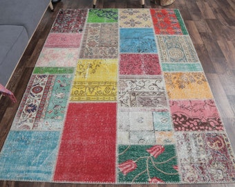 5x8 PATCHWORK Turkish Vintage Rug, Oushak Handmade Wool Rug, Colorful Custom Rugs, Farmhouse Decor, One-of-a-Kind, Anatolian Carpet