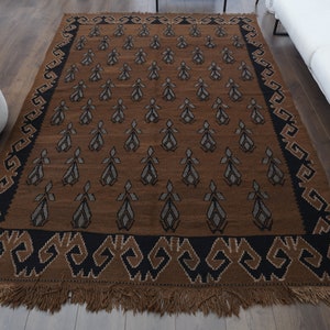 6x9 Turkish Vintage Oushak Kilim Rug, Flatweave Carpet, Handmade Wool Brown Rug, Floral Ethnic  Rugs, One-of-a-Kind, Made in Anatolia