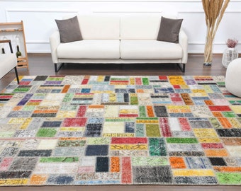 8x10 PATCHWORK RUG, Turkish Vintage Oushak Rug, Handmade Wool, Large Area Rugs, Farmhouse Decor, One-of-a-Kind, Colorful Carpet