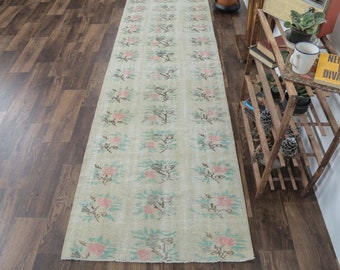 3x9 Vintage Turkish Runner, Oushak Handmade Wool Rug, Light Green Floral Hallway Rugs, Anatolia Farmhouse Decor One-of-a-Kind, Ethnic