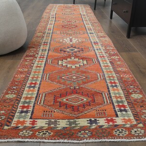 3x11 Vintage Turkish Runner, Oushak Oriental Carpet, Red Oriental Bohemian, Farmhouse Decor Living Room Rug, One-of-a-Kind, Anatolian Rug