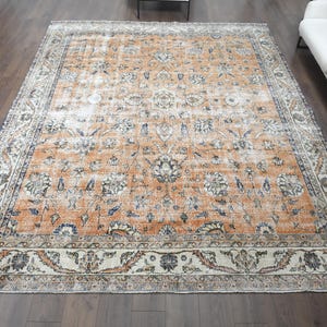 9x12 OUSHAK Vintage Turkish Area Rug, Handmade Wool Rug, Anatolia Farmhouse Decor, One-of-a-Kind, Orange White Rug, Large, Oversized Carpet